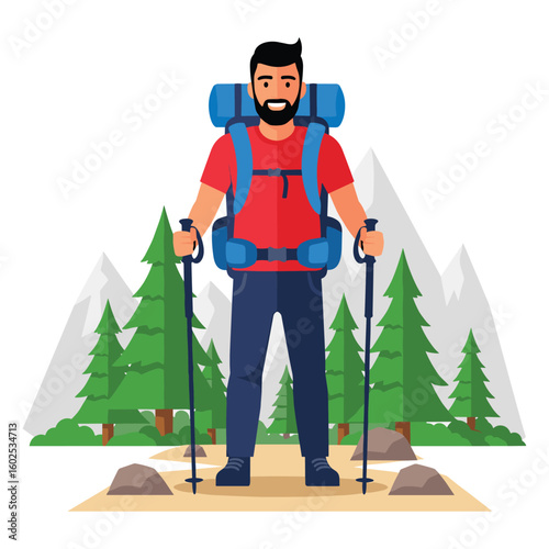 A male hiker with backpack and poles
