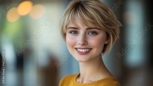 Cheerful blonde in mustard blouse smiling at camera