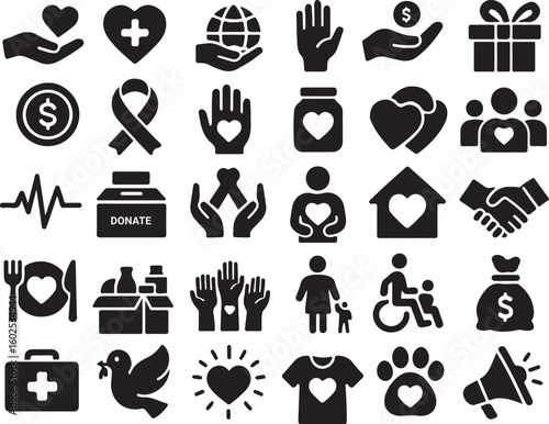 Charity and Volunteering Icons Donation, Support, and Humanitarian Symbols