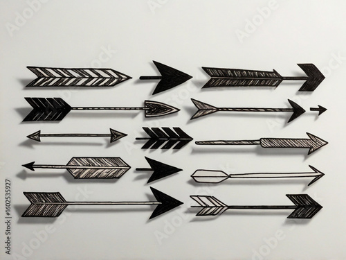 Black and white arrows pointing in various directions drawing illustration