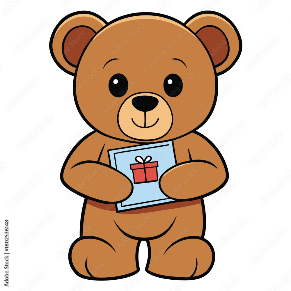 Obraz premium A charming cute teddy bear holding a tiny birthday card, on a plain white background, symbolizing warmth, affection, and childhood joy.