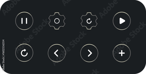 Modern Media Control Button Icons. Vector Set Featuring Play, Pause, Rewind, Forward, Plus, Reset, Refresh, Settings Gear Symbol in Dark UI with Gold Metallic Chrome Gradient for App, Game, Web design