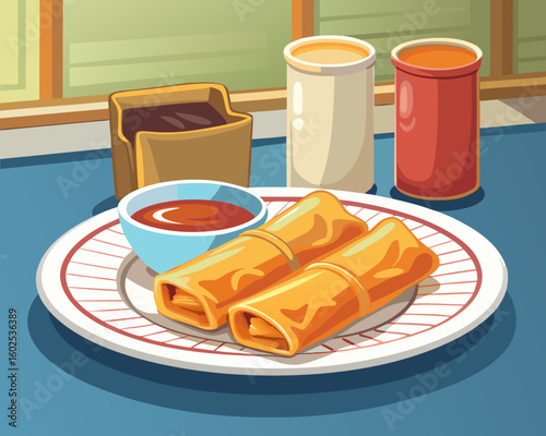 Crispy spring rolls with dipping sauce and drinks
