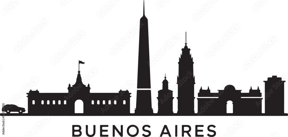 Buenos Aires Skyline Silhouette Vector — Obelisco and Casa Rosada in Black