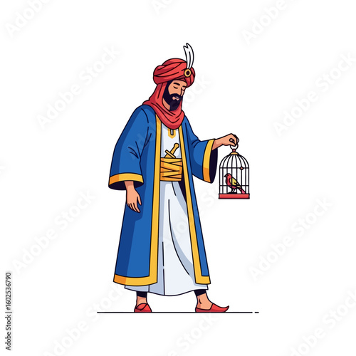 Arabian Man Holding Red Birdcage with Feathered Turban