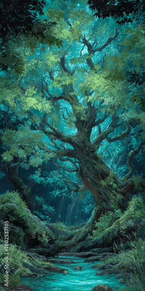 Fototapeta premium Sunlit Forest Canopy with Lush Green Foliage and Dark Undergrowth. Sunlit forest, lush green foliage, ethereal mist.