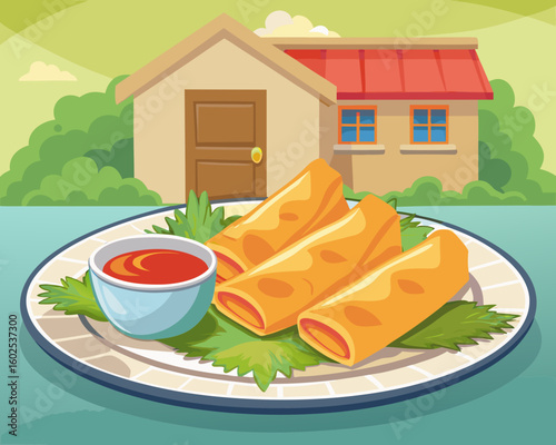 Crispy spring rolls with dipping sauce served outdoors