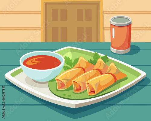 Delicious spring rolls with dipping sauce and a drink