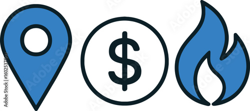 Location money and fire icons representing business growth and opportunity