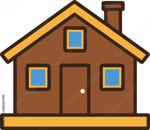 Simple illustration of a brown cabin house with yellow trim and a chimney