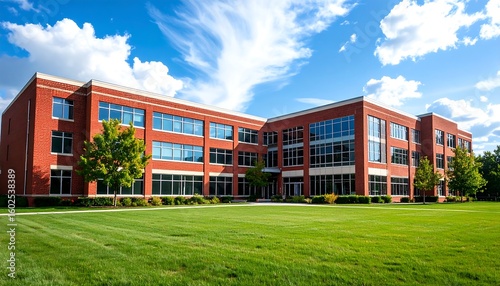 Exterior of a modern red brick high school building with large windows and a green grass lawn in front, in the background is a blue sky with white clouds