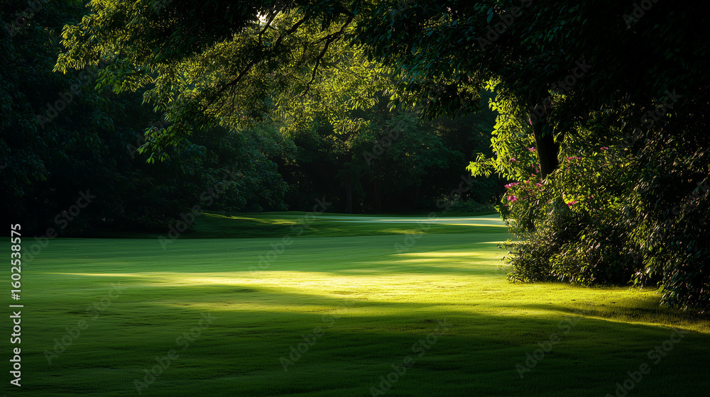 Fototapeta premium Sunlit Forest Path: Green Grass and Sunlight Beams. A forest filled with lots of green grass and trees