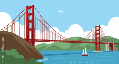 Stylized iconic San Francisco bridge view over serene blue waters with a sailboat passing under a sky with fluffy clouds