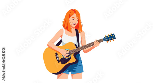 Charming redhead strums a sunburst acoustic guitar, lost in musical reverie under a crisp white backdrop, a vibrant illustration