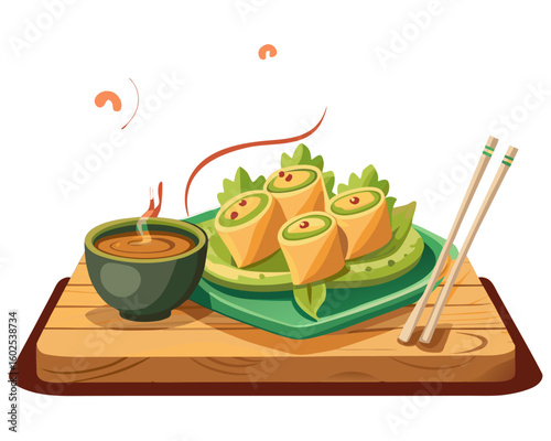 Delicious spring rolls with dipping sauce and chopsticks
