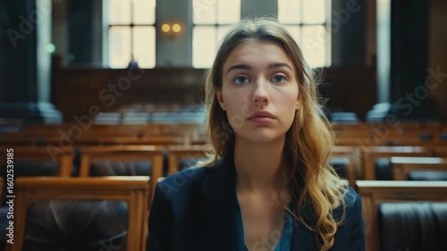 A woman in a formal setting, possibly during a legal proceeding or contemplating her next steps.