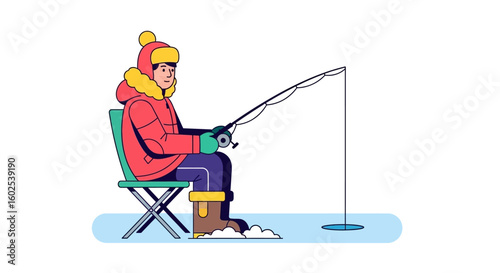 Cozy ice angler sitting on chair with fishing rod awaiting winter catch, illustration style design ideal for commercial and editorial use