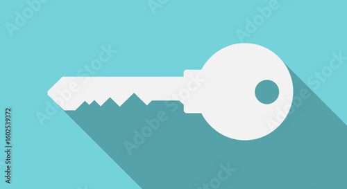 Modern simplistic graphic of a white key casting a long shadow on a pastel blue background, representing security, access, and concepts related to
