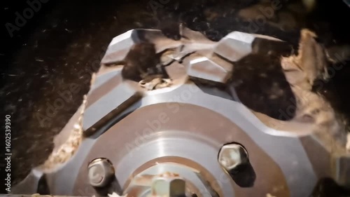 Industrial wood chipper blade in action