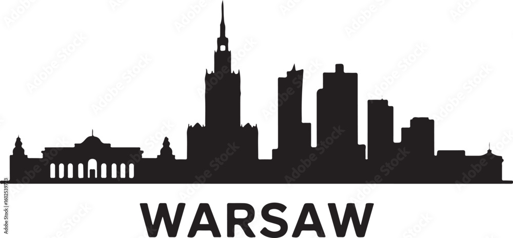 Obraz premium Warsaw Skyline Silhouette Vector — Palace of Culture and Science and Modern Buildings