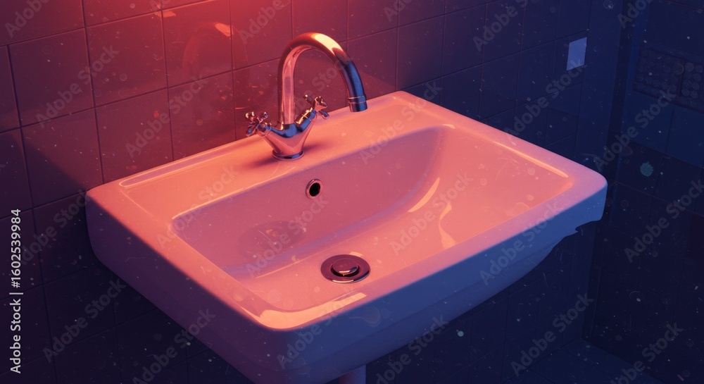 Fototapeta premium White Bathroom Sink with Silver Faucet, Moody Lighting on Dark Tiles