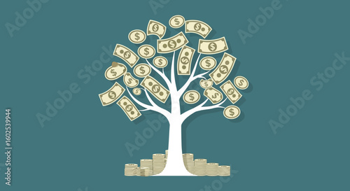 Conceptual illustration of a money tree with coins and banknotes symbolizing financial growth and prosperity