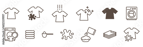 Set of lingerie line icons isolated on transparent background. Self-service laundry, t-shirt, dirty shirt, clean shirt, washing machine, etc. Instruction icons of cleaning clothes. Editable Stroke. 