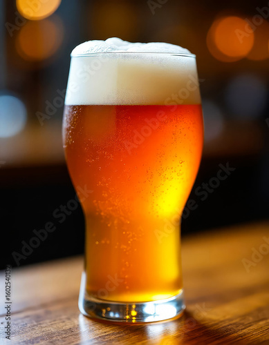 Close-up of a golden beer glass with thick foam head,  placed on rustic wood surface in warm pub ambiance, ideal for beverage branding, bar promotions, or Oktoberfest-themed editorial content.