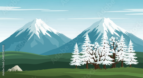 Serene wintry landscape featuring snow-capped mountains, evergreens and lush green fields