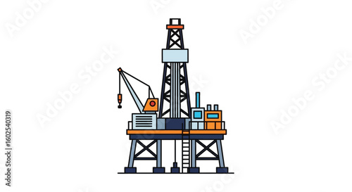 Oil Rig Platform Illustration Depicting Fossil Fuel Extraction and Industrial Operations, with a Detailed Crane and Derrick Structure Against a