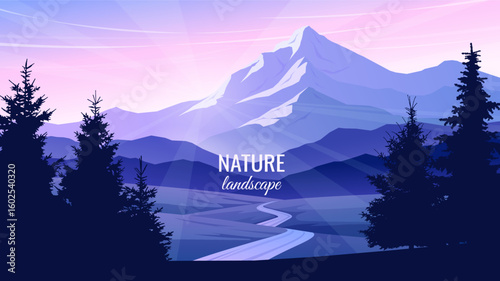 Mountain landscape. Bright sunset in the mountains. Path running through the valley. Evening twilight. Travel, tourism concept. Vector illustration. Not generated AI.