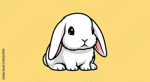 Adorable white cartoon bunny with floppy ears on a pastel yellow background showcases simplicity and gentle charm conveying innocence