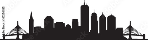 Boston Skyline Silhouette Vector Featuring Prudential Tower and Zakim Bridge