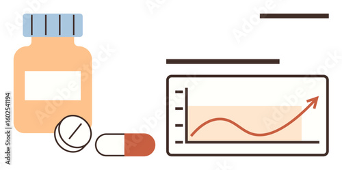 Medical tablets, capsule, bottle, and line graph with upward trend. Ideal for healthcare, medicine, pharmaceutical growth, statistics economic analysis research progress success. Simple flat