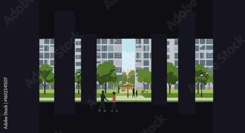 This illustration shows a view of a city park between modern buildings, where people are walking and enjoying outdoor spaces, highlighting Singapore's balance between urban and green spaces.