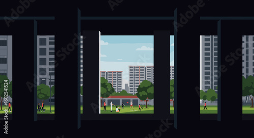 This illustration shows a view of a city park between modern buildings, where people are walking and enjoying outdoor spaces, highlighting Singapore's balance between urban and green spaces.