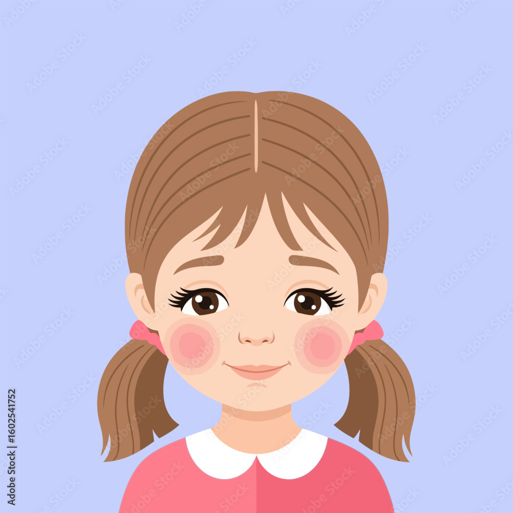 Smiling Girl with Brown Hair and Rosy Cheeks on Light Purple Background Smiling Girl with Brown Hair and Rosy Cheeks on Light Purple Background