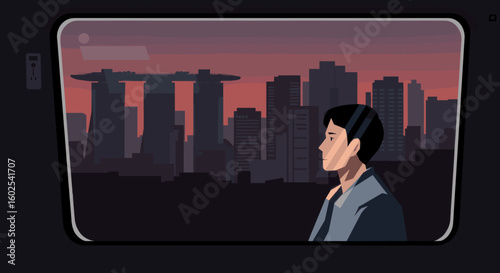 This illustration shows a view of a city park between modern buildings, where people are walking and enjoying outdoor spaces, highlighting Singapore's balance between urban and green spaces.
