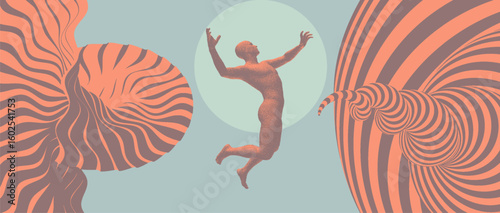 Leadership, freedom or development concept. Jumping man. 3D human body model. Design for sport. Pattern with optical illusion. Abstract striped background. Vector for brochure, poster or banner.