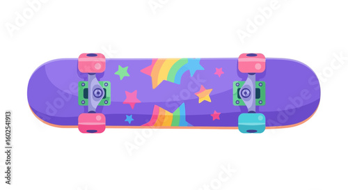 Whimsical skateboard illustration featuring colorful stars and rainbow designs perfect for youthful energy skateboarding isolated and vibrant