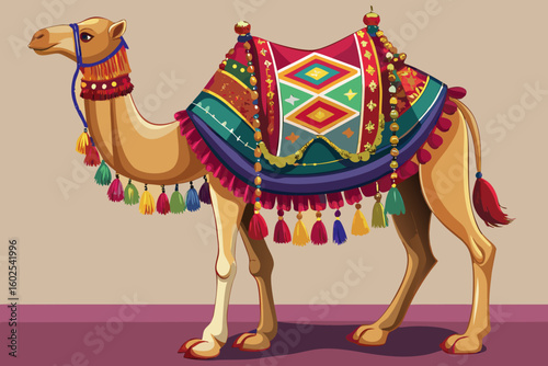 vector of Decorate the camel with colorful tassels and saddle cloth, beautiful camel saddle models for those who have camels. in close up