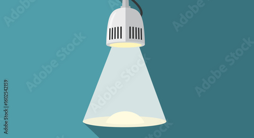 Minimalist graphic design of a hanging spotlight shining on a clear teal background illustration featuring soft light and subtle shadow adding depth