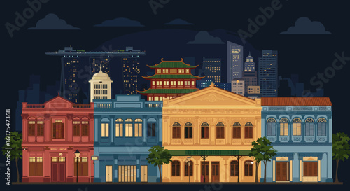 The illustration shows a row of traditional shophouses set in Singapore, blending old architecture with modern skyscrapers in the background