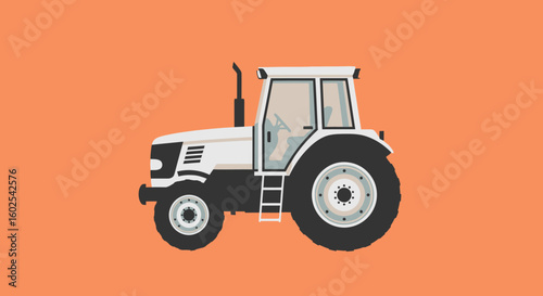 Stylized Vector Illustration of a Modern White Tractor on a Vibrant Orange Background for Agricultural Concepts