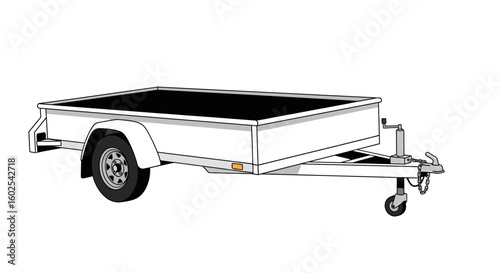 Detailed Line Art Rendering of a Flatbed Trailer with Visible Towing Mechanism, Providing a Clear Technical Illustration Suitable for Design or