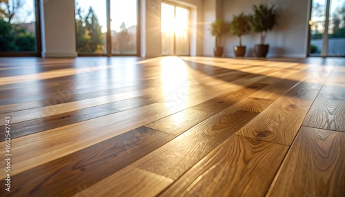 Home decor concept, wooden laminate floor boards background image, varnished wooden board, shiny polished wood parquet floor taken with low angle