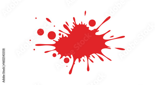 Vibrant crimson blot with dynamic projections and peripheral satellite droplets against a pristine canvas showcases splatter art
