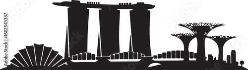 Singapore Skyline Silhouette Vector with Marina Bay Sands and Supertree Grove