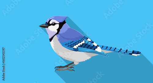 Captivating cartoon blue jay illustration displaying vibrant plumage and gentle poise creating a digitally rendered avian portrait of elegant charm