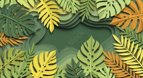 Fototapeta Naklejka Na Ścianę i Meble -  Vibrant Tropical Leaf Paper Cut Background Design: Lush Green and Yellow Foliage